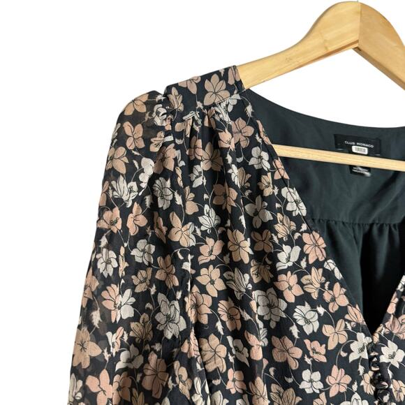 Club Monaco Silk Black Floral Print V-Neck Blouson Long Sleeve Mini Dress Sz 12 - Picture 8 of 16